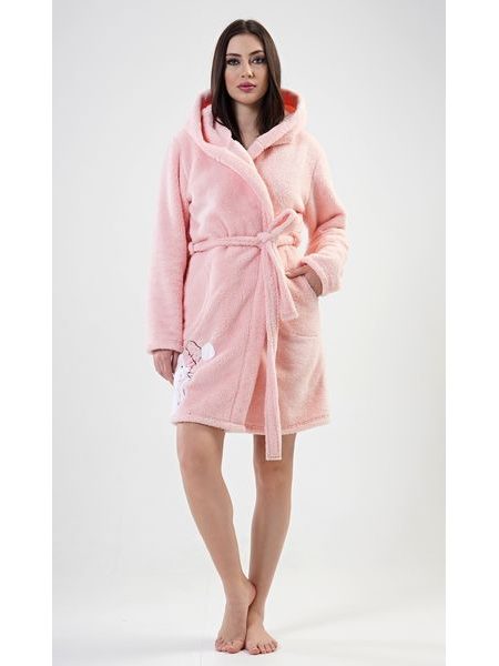 Dámský župan krátký s kapucí Kočka - světle lososová