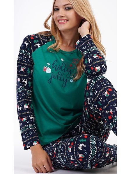 Dámské pyžamo dlouhé Holly Jolly - tmavě zelená