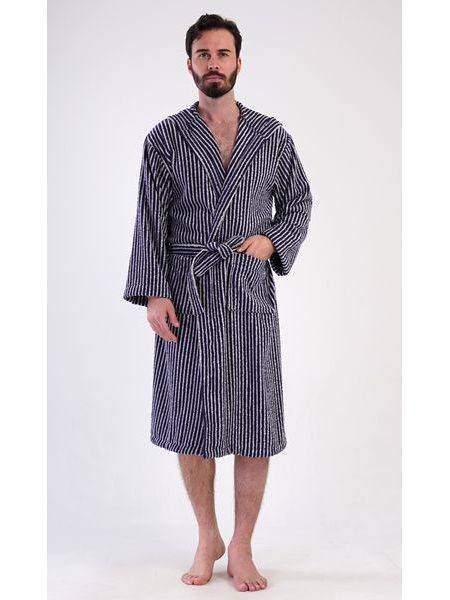 Pánský župan s kapucí Proužek - tmavě modrá