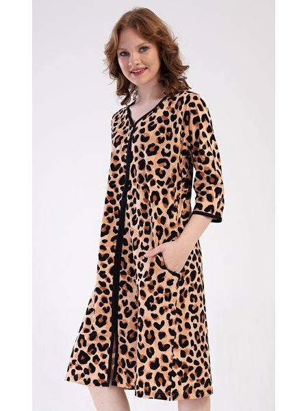 Dámské domácí šaty s tříčtvrtečním rukávem Leopard - hnědá