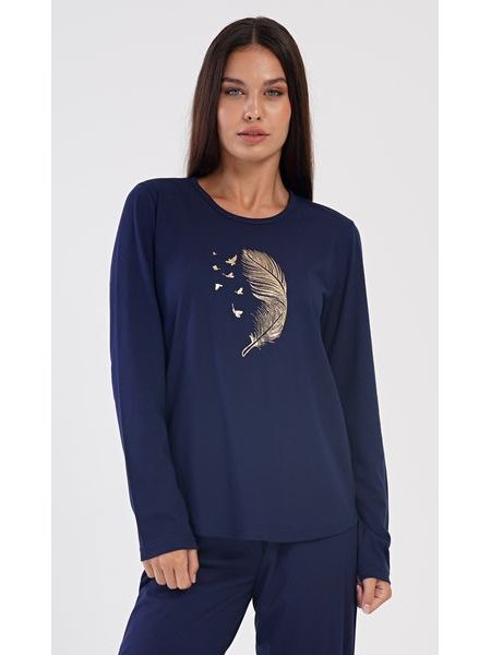 Dámské pyžamo dlouhé Pírko - tmavě modrá
