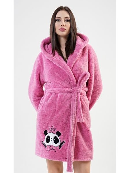 Dámský župan krátký s kapucí Panda - tmavě růžová