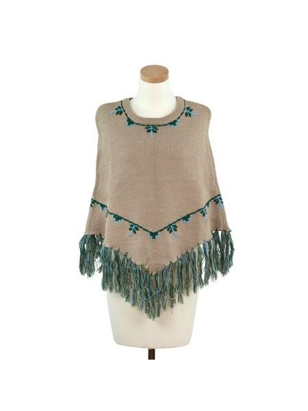 Béžové trendy pončo s třásněmi a vyšíváním