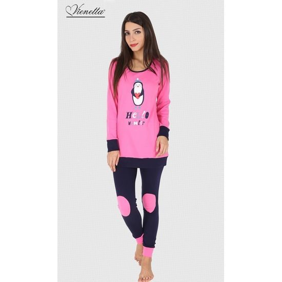 Dámské pyžamo dlouhé Pinky Style Tučňák se srdcem - růžová