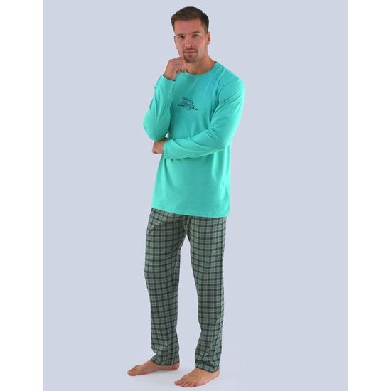 GINA pánské pyžamo dlouhé pánské, šité, s potiskem Pyžama 2019 79077P - šedá sv. tyrkysová