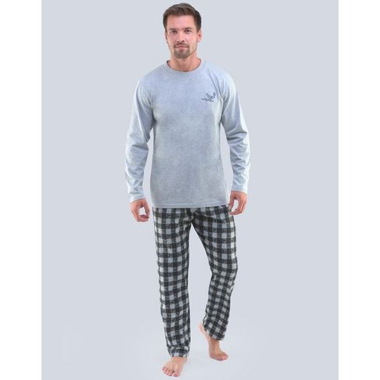 GINA pánské pyžamo dlouhé pánské, šité, s potiskem Pyžama 2020 79103P - sv. šedá černá