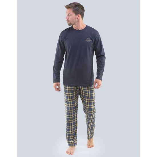GINA pánské pyžamo dlouhé pánské, šité, s potiskem Pyžama 2020 79091P - lékořice cibulová