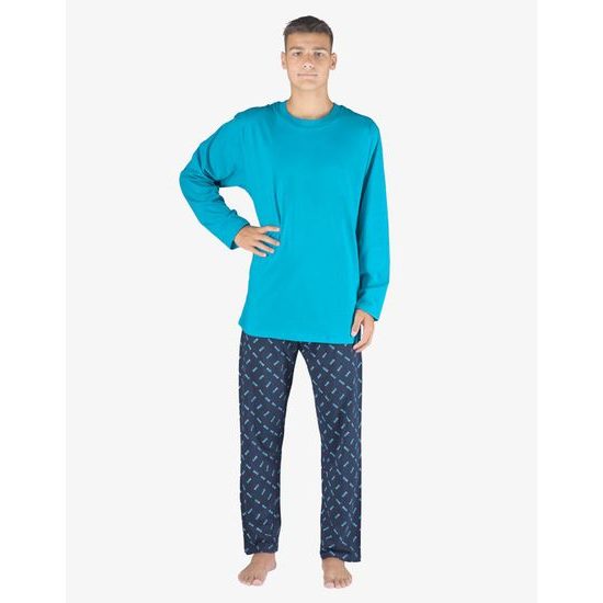 GINA pánské pyžamo dlouhé pánské, šité, s potiskem Pyžama 2023 79147P - tyrkysová lékořice