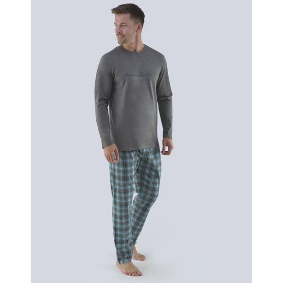 GINA pánské pyžamo dlouhé pánské, šité, s potiskem Pyžama 2019 79075P - šedá tm. tyrkysová