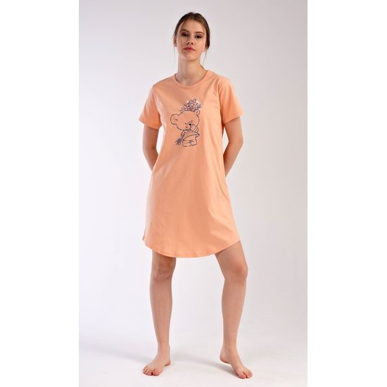 Dámská noční košile s krátkým rukávem Méďa s kytkou - meruňková