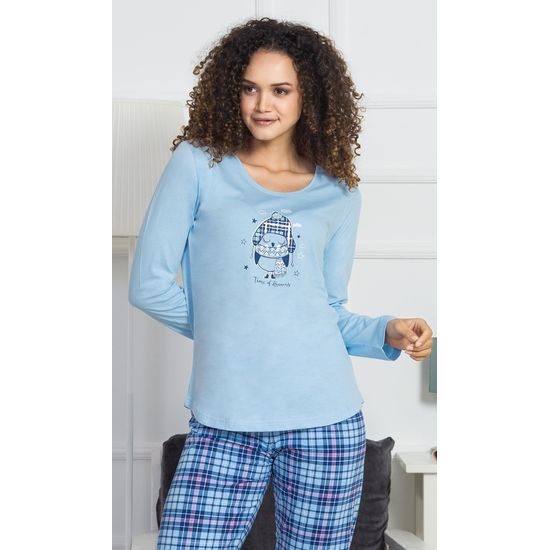 Dámské pyžamo dlouhé Tučňák s čepičkou - světle modrá