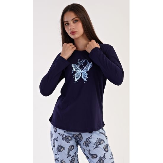 Dámské pyžamo dlouhé Motýl - tmavě modrá