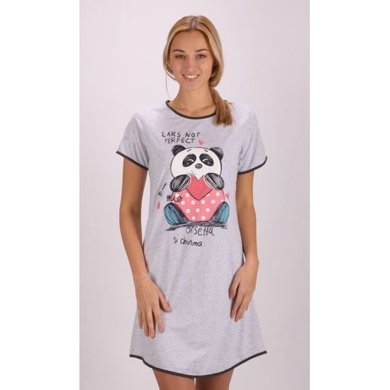 Dámská noční košile s krátkým rukávem Panda se srdcem - šedá