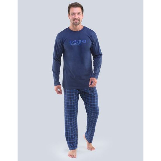GINA pánské pyžamo dlouhé pánské, šité, s potiskem Pyžama 2020 79095P - lékořice modrá