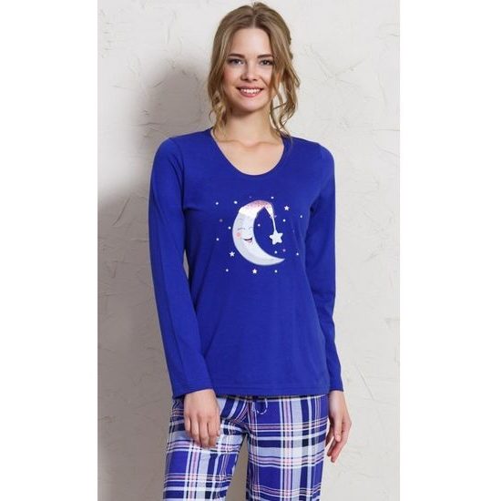 Dámské pyžamo dlouhé VIENETTA Měsíc a hvězdy - modrá