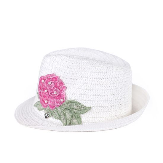 Trilby dámský klobouk bílý a aplikací růže a perliček
