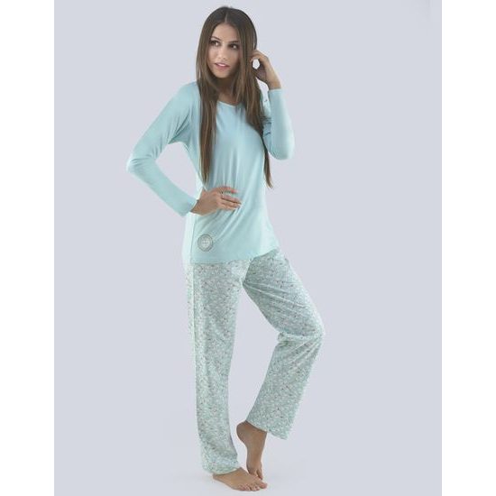GINA dámské pyžamo dlouhé dámské, šité, s potiskem Pyžama 2019 19087P - sv. tyrkysová bílá