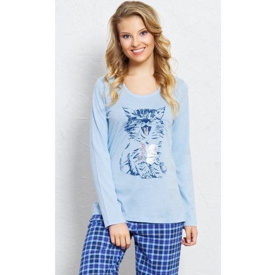 Dámské pyžamo dlouhé VIENETTA Kotě - světle modrá