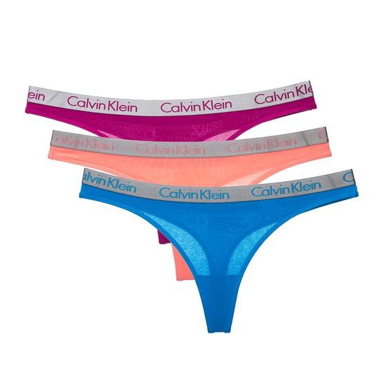 Dámská tanga CALVIN KLEIN Radiant Cotton 3-pack modrá/salmon/fuchsia