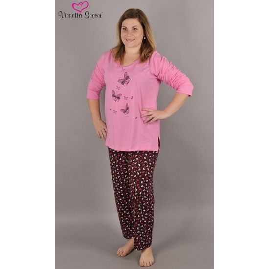 Dámské pyžamo dlouhé Vienetta Motýli na louce - světle růžová