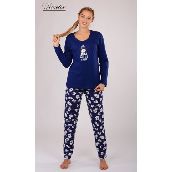 Dámské pyžamo dlouhé Vienetta Sněhulák se šálou - modrá