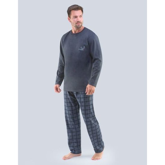 GINA pánské pyžamo dlouhé pánské, šité, s potiskem Pyžama 2020 79103P - tm. šedá šedá