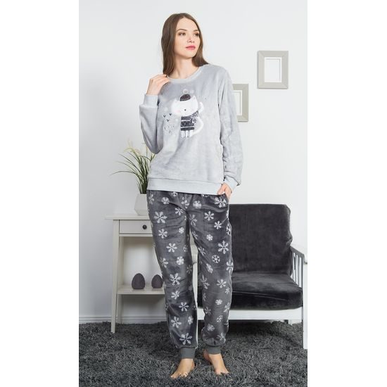 Dámské pyžamo dlouhé Kočka se šálou - šedá