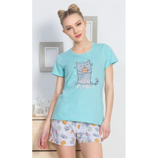 Dámské pyžamo šortky Mlsná kočka - mentolová