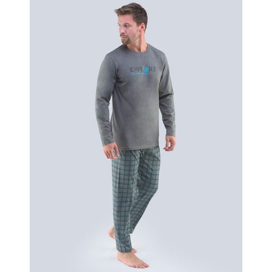 GINA pánské pyžamo dlouhé pánské, šité, s potiskem Pyžama 2020 79095P - tm. šedá šalvěj