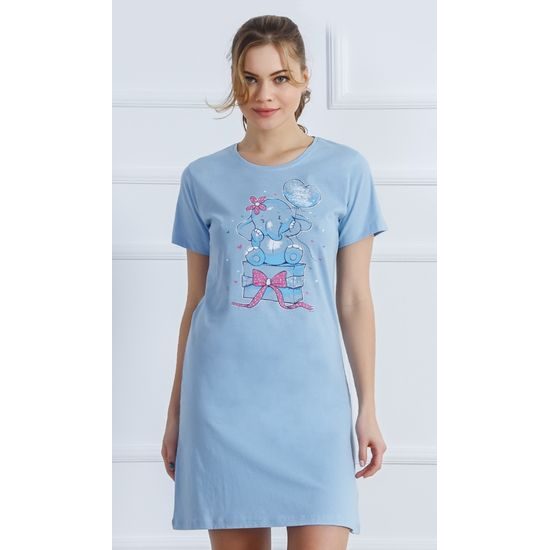 Dámská noční košile s krátkým rukávem VIENETTA Slon s dárkem - světle modrá