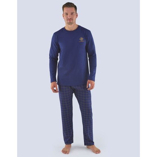 GINA pánské pyžamo dlouhé pánské, šité, s potiskem Pyžama 2019 79079P - lékořice tm.popel