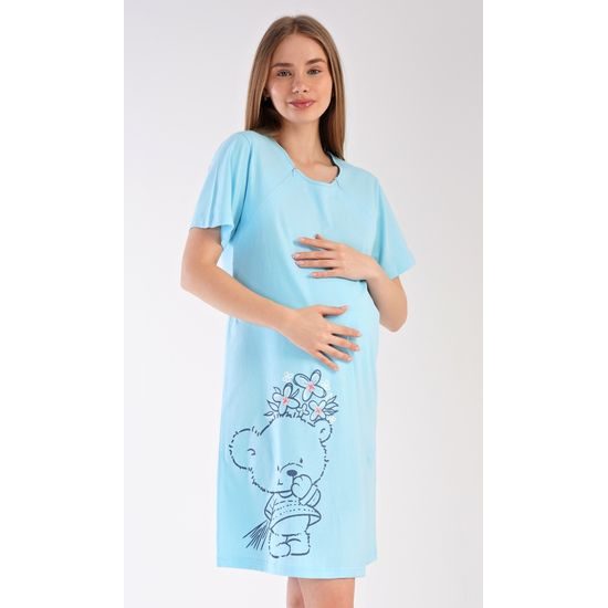 Dámská noční košile mateřská Méďa s kytkou - světle modrá