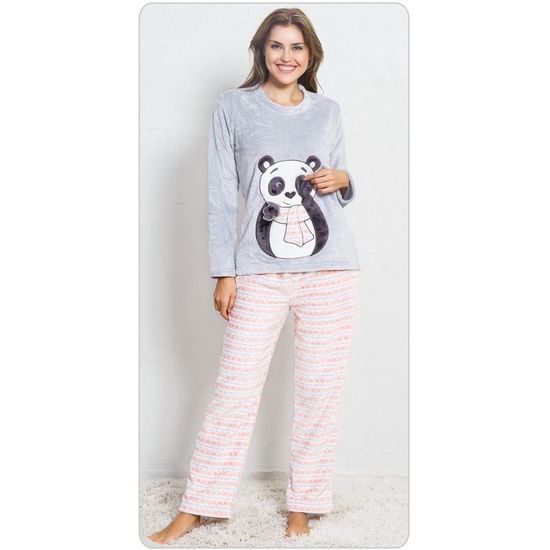 Dámské pyžamo dlouhé teplé Panda se šálou - šedá