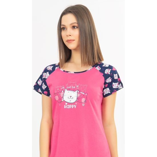 Dámská noční košile s krátkým rukávem Kočky - tmavě růžová
