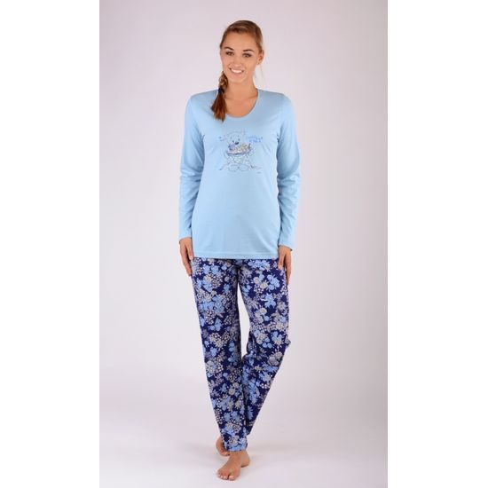 Dámské pyžamo dlouhé VIENETTA Méďa s čajem - světle modrá