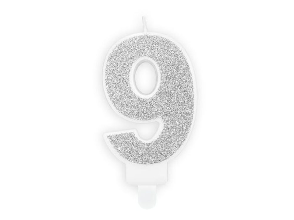Narozeninová svíčka 9, stříbrná, 7 cm - PartyDeco