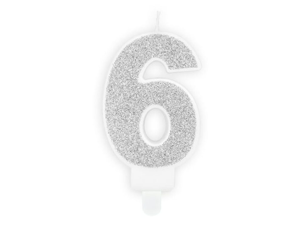 Narozeninová svíčka 6, stříbrná, 7 cm - PartyDeco