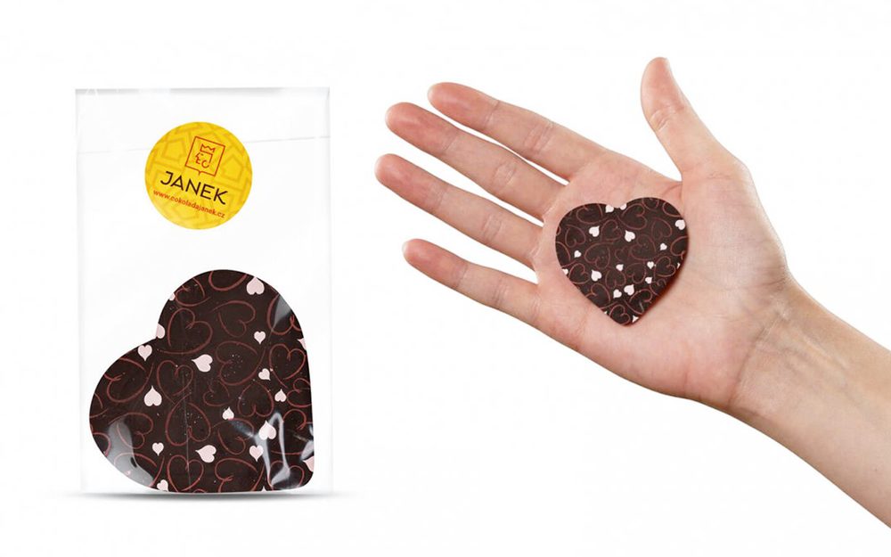 Tmavé čokoládové valentýnské srdíčko s potiskem - Čokoládovna Janek
