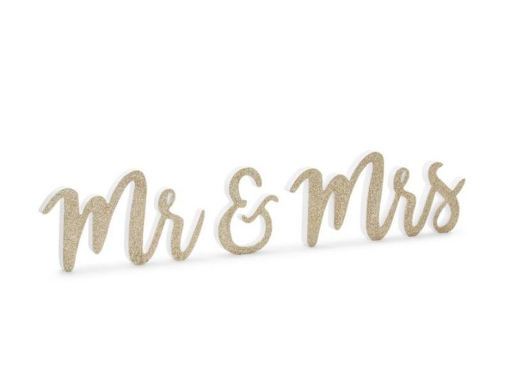 Dřevěný nápis Mr & Mrs - zlatý, 50 x 10 cm - PartyDeco