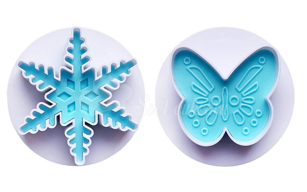 Sněhová vločka Frozen a motýlek - vypichovač na marcipán a modelovací hmoty  - 2 ks - Smart Cook - Pístové vypichovače a razítka - Vypichovače,  Modelovací pomůcky, Cukrářské potřeby - Svět cukrářů