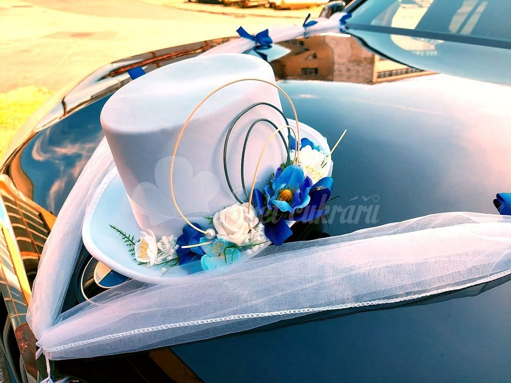 Svatební dekorace na 2 auta - cylindr a srdce - modro-bílá - 2. jakost  (použitá) - Svatba - Podle téma - Svět cukrářů