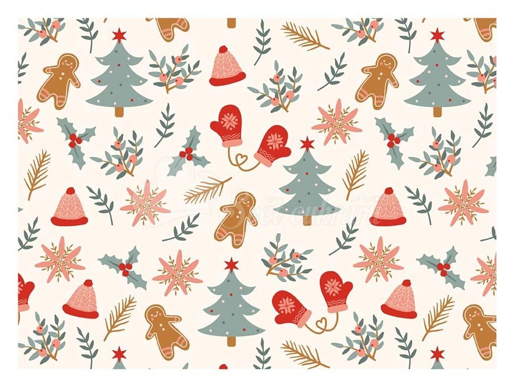 Svet cukrárov - Baliaci papier klasický - vianočné motívy - stromčeky,  perníky, klobúky - listy 100x70 cm - MFP Paper - Darčekový baliaci papier -  Papierový tovar