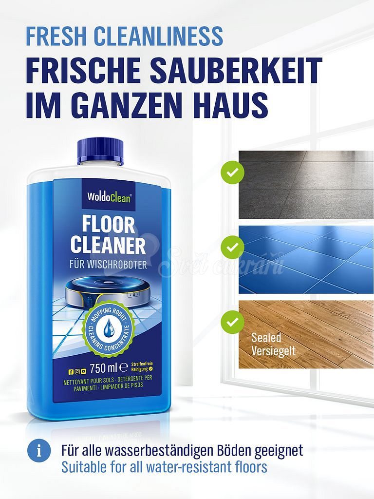 Německý čistič podlah pro robotické vysavače - 750 ml - WoldoClean® - Úklid  domácnosti - Domácí potřeby - Svět cukrářů
