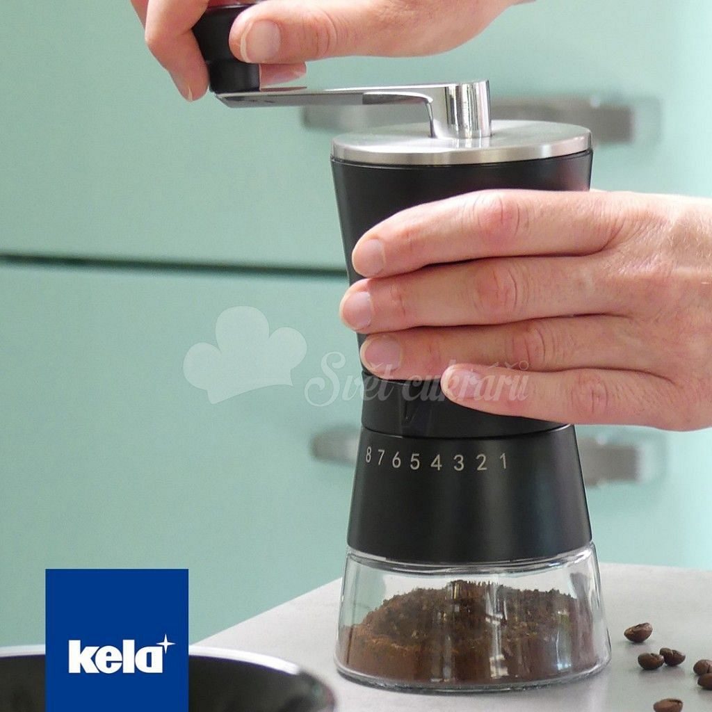 Mlýnek na kávu s keramickými kameny nerez/sklo - osmistupňový černý - Kela  - Káva - Suroviny - Svět cukrářů