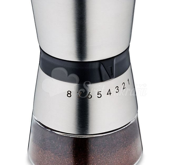 Mlynček na kávu s keramickými kameňmi nerezová oceľ/sklo - osemstupňový  strieborný - Kela - Káva - Suroviny - Svet cukrárov