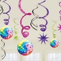 HANGING DECORATIONS PURPLE, PINK, BLUE DISCO 12PCS 90 CM
