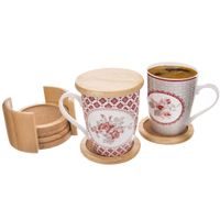 RUBBERWOOD/CORK COASTER SET WITH STAND, 9.5 CM