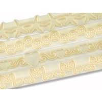 SADA LÍŠT NA VOLÁNY A KRAJKY 4 DEKORY - HVIEZDICE, MOTÝLE, SRDCE, GOMBIČKY (SET 4)