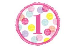 Ružový fóliový balónik 1. narodeniny s bodkami - 45 cm