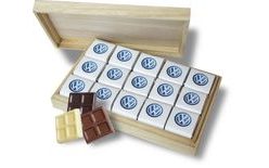 Promotional Chocolate Set 45x5g Wooden Box with Your Design/Logo – from 100 pcs